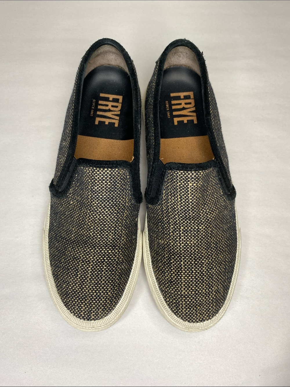 Frye Gia Woven Canvas Slip On Sneakers Black & Tan Size 7